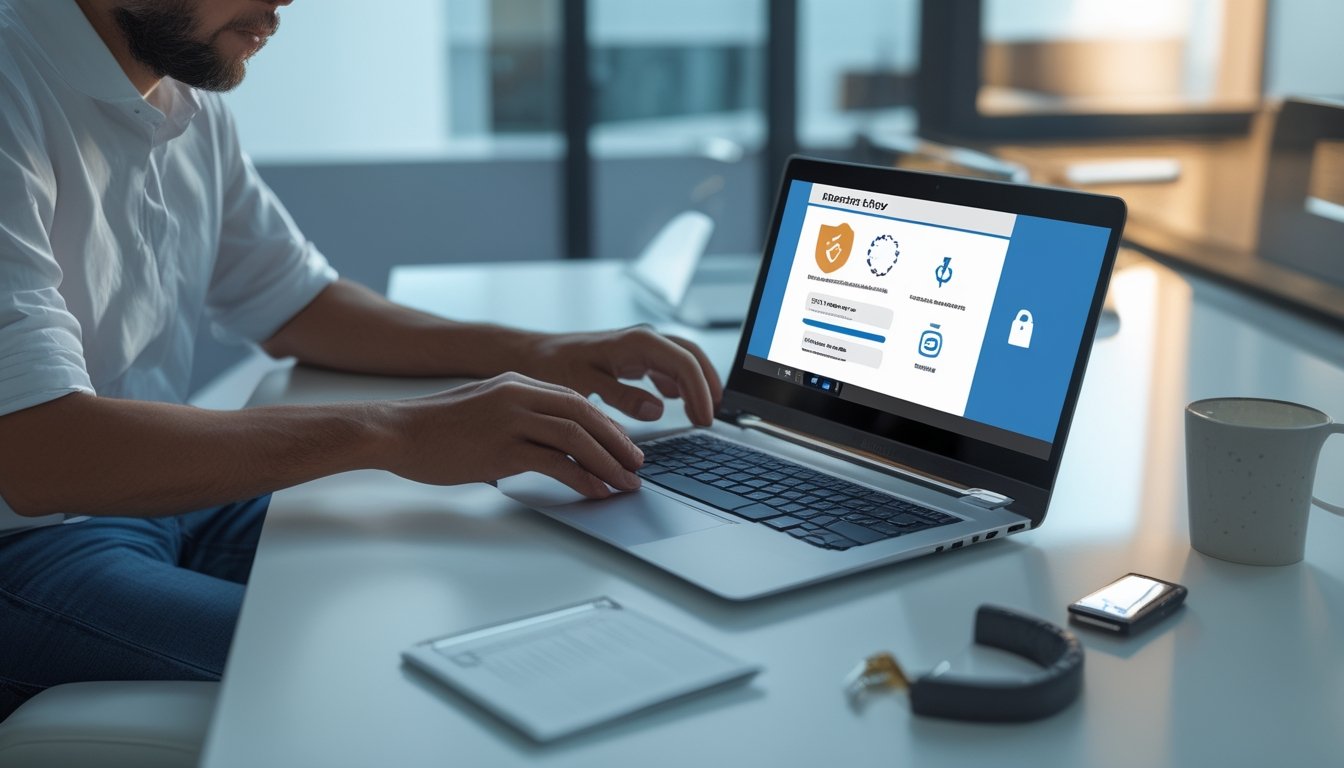 Seseorang memeriksa pengaturan keamanan dan pemblokiran situs pada laptop di meja kerja.
