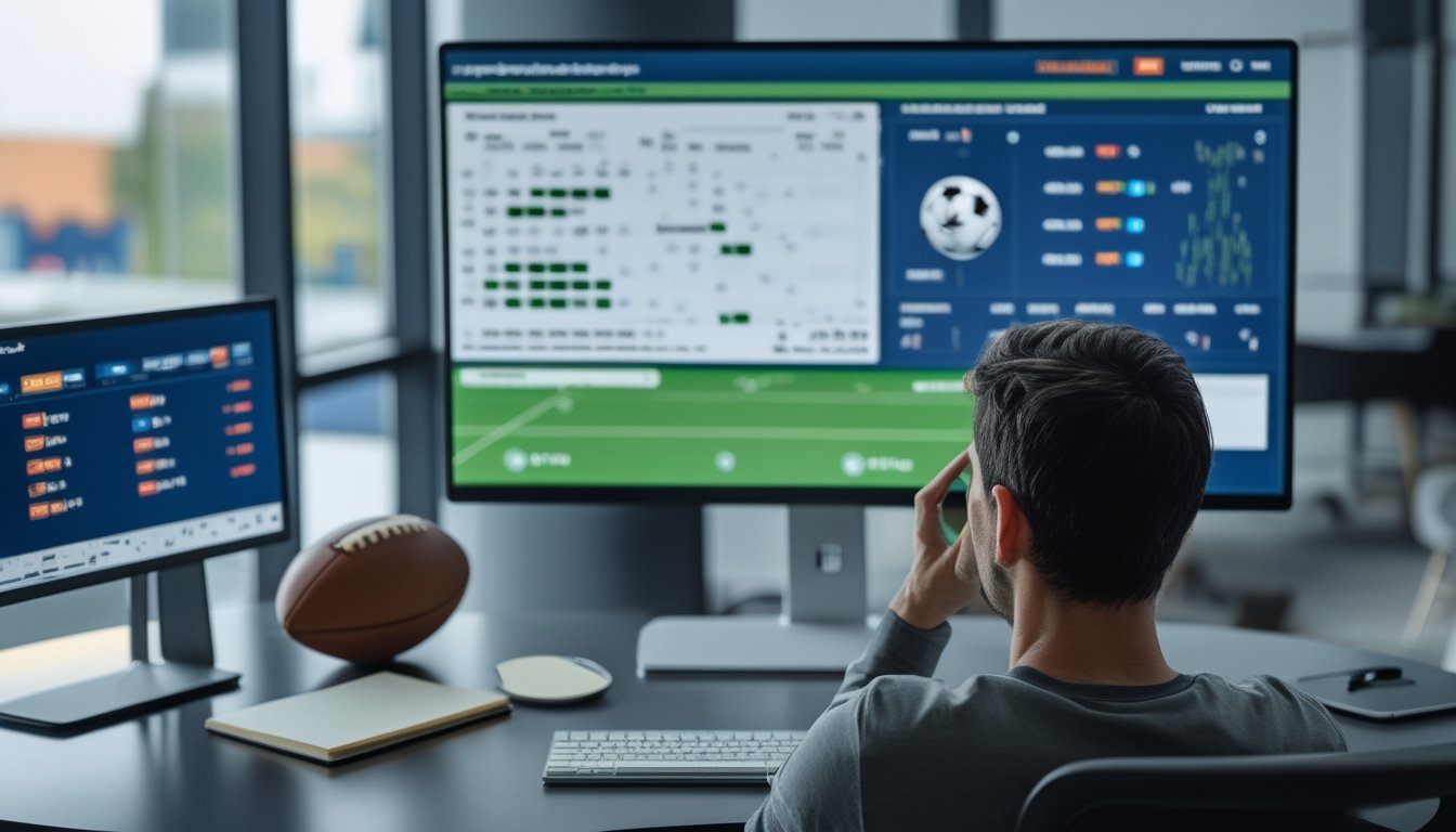 Seorang analis mempelajari data pertandingan sepak bola di ruang kerja modern dengan bola di atas meja.