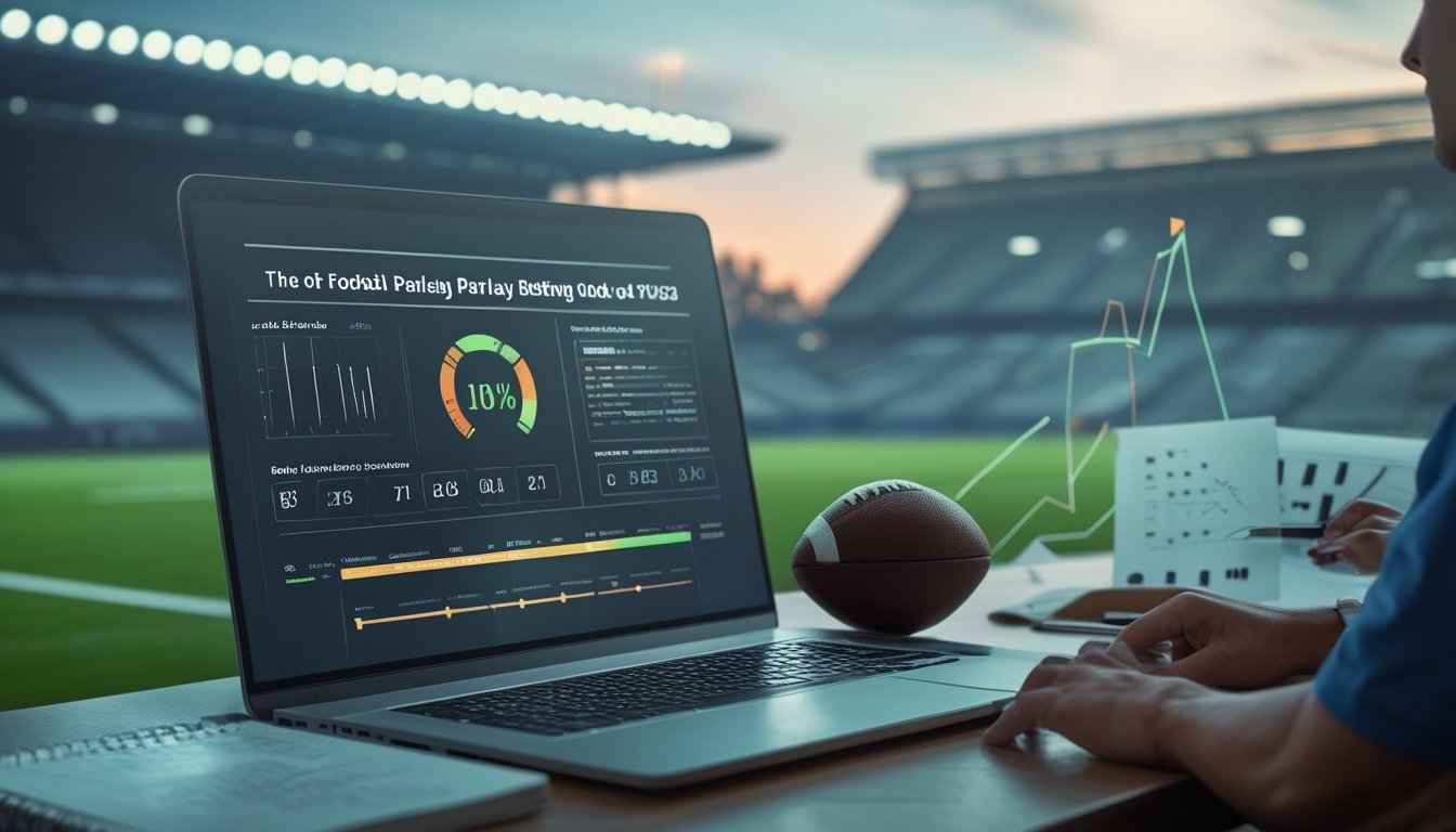 Meja analis dengan laptop berisi grafik statistik sepak bola, bola, kalkulator, dan stadion yang tampak samar di latar belakang.