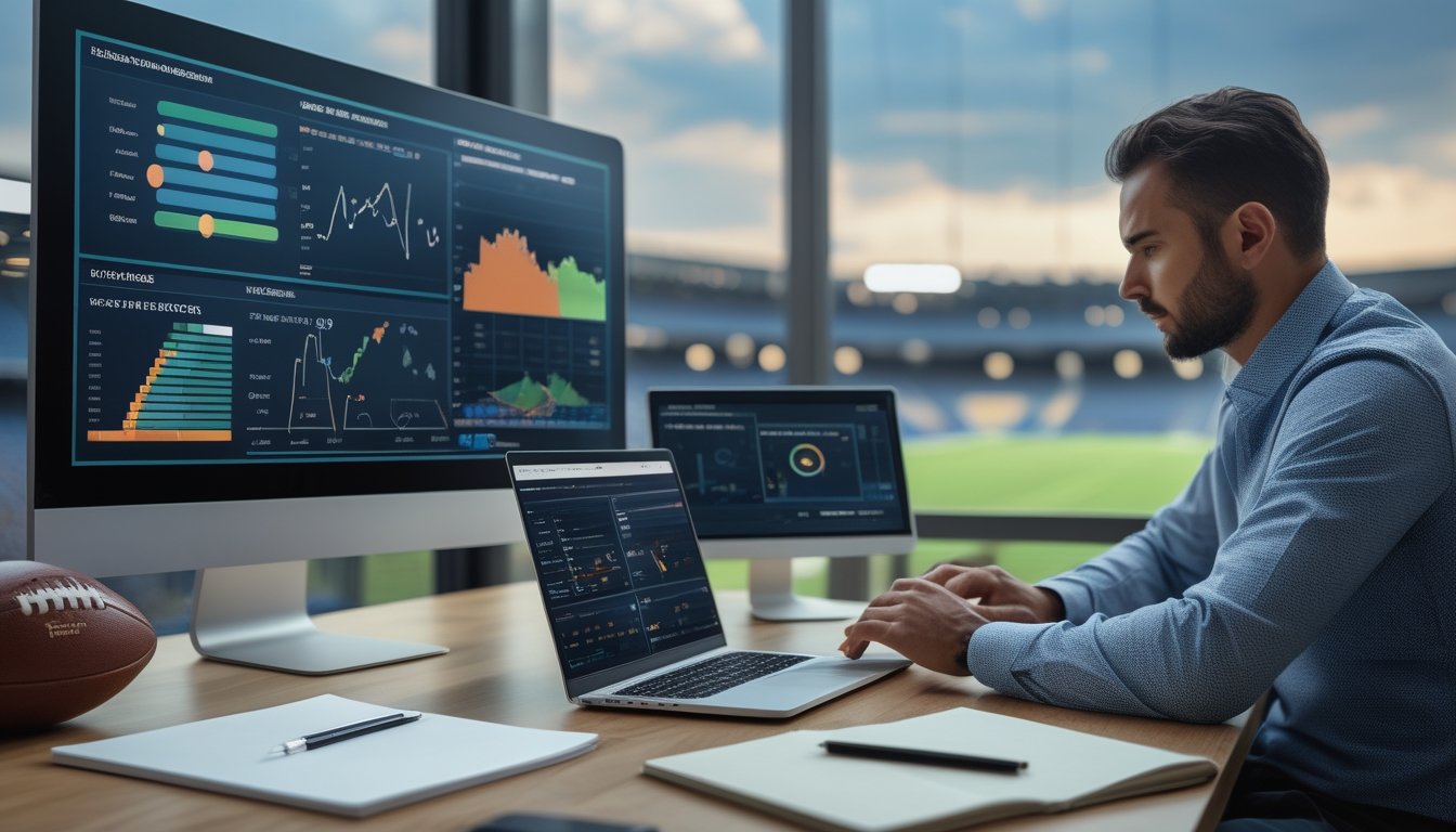 Seorang analis mempelajari data pertandingan sepak bola di ruang kerja modern dengan layar statistik dan bola di atas meja.