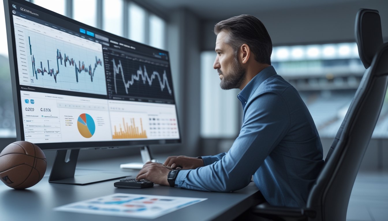 Seorang analis mempelajari data dan grafik pertandingan sepak bola di ruang kerja modern.