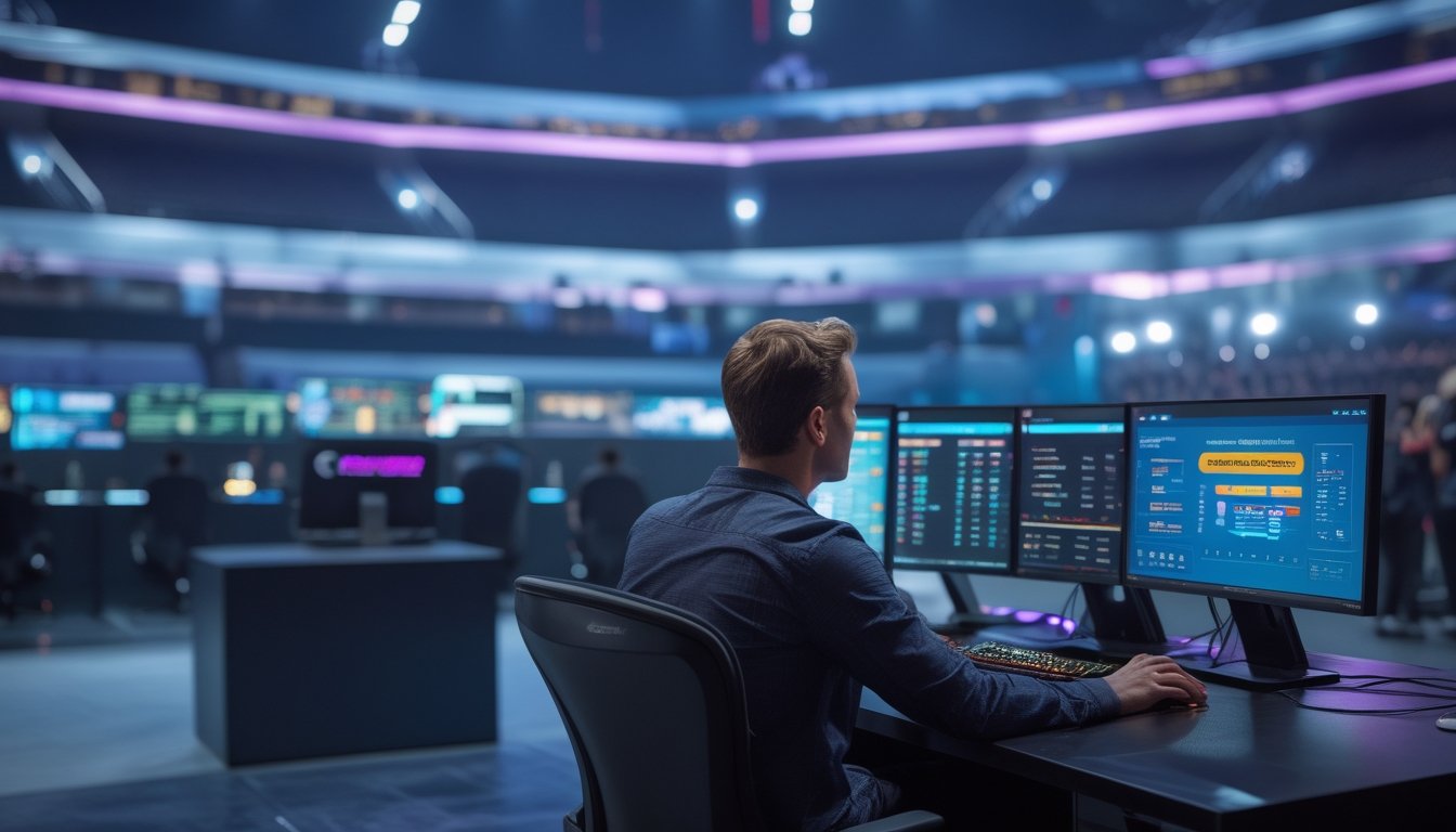 Seorang analis esports mempelajari statistik pertandingan di depan beberapa monitor dalam suasana arena turnamen.