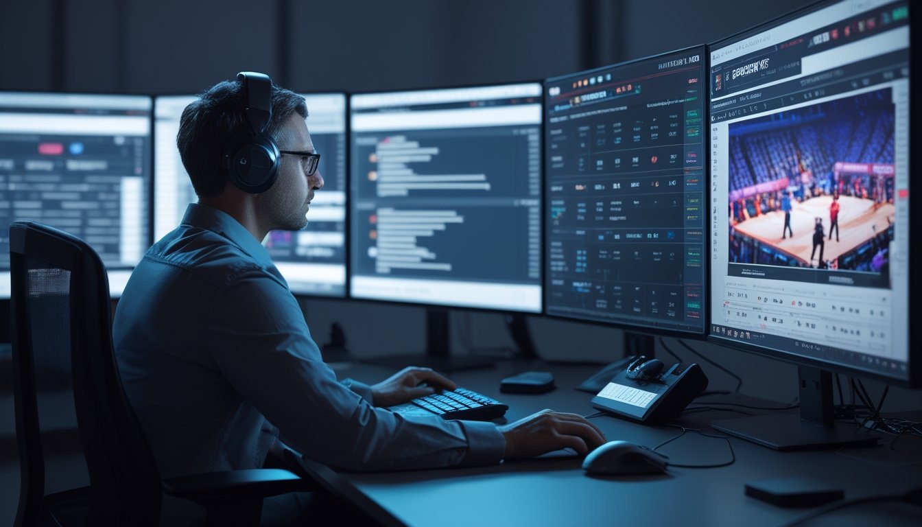 Analis esports mempelajari data pertandingan pada beberapa monitor di ruang kerja modern.