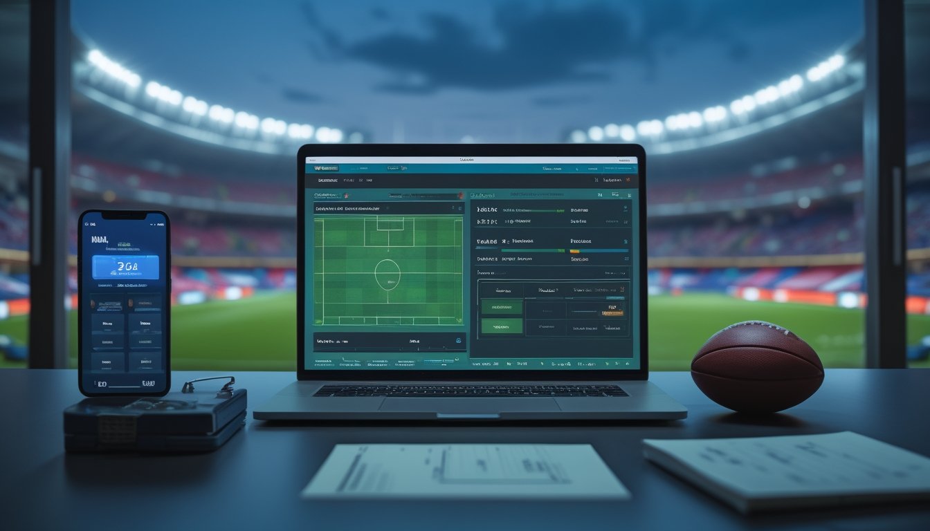 Meja analisis olahraga dengan laptop, ponsel, bola sepak, dan latar stadion.