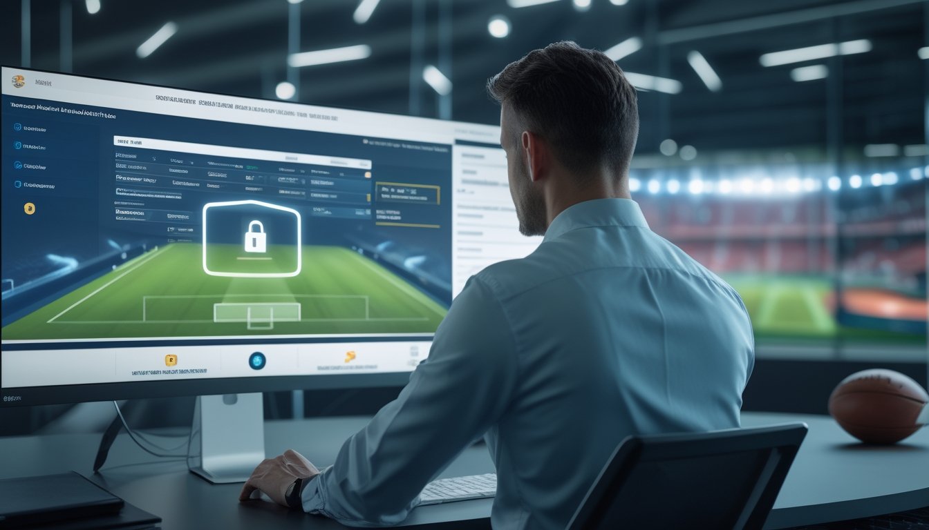 Analis keamanan meninjau dasbor sepak bola digital dengan simbol perisai dan gembok di ruang kerja modern.