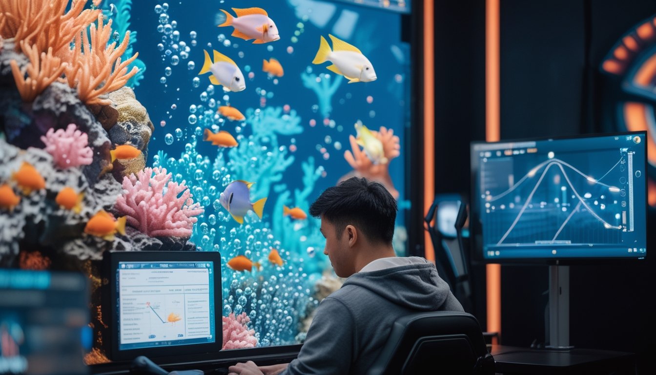 Seorang pemain mempelajari permainan tembak ikan dan grafik peluang di ruang permainan modern.