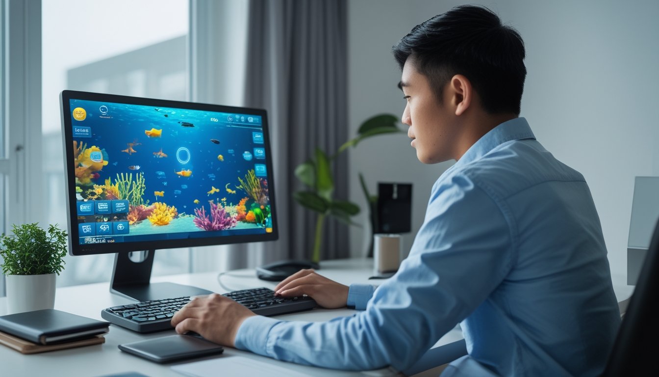 Seorang gamer bermain permainan berburu ikan di komputer dengan kalkulator dan dompet sederhana di meja.