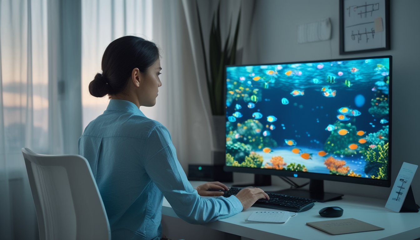 Pemain menganalisis target ikan pada permainan bawah laut di komputer sambil merencanakan strategi.