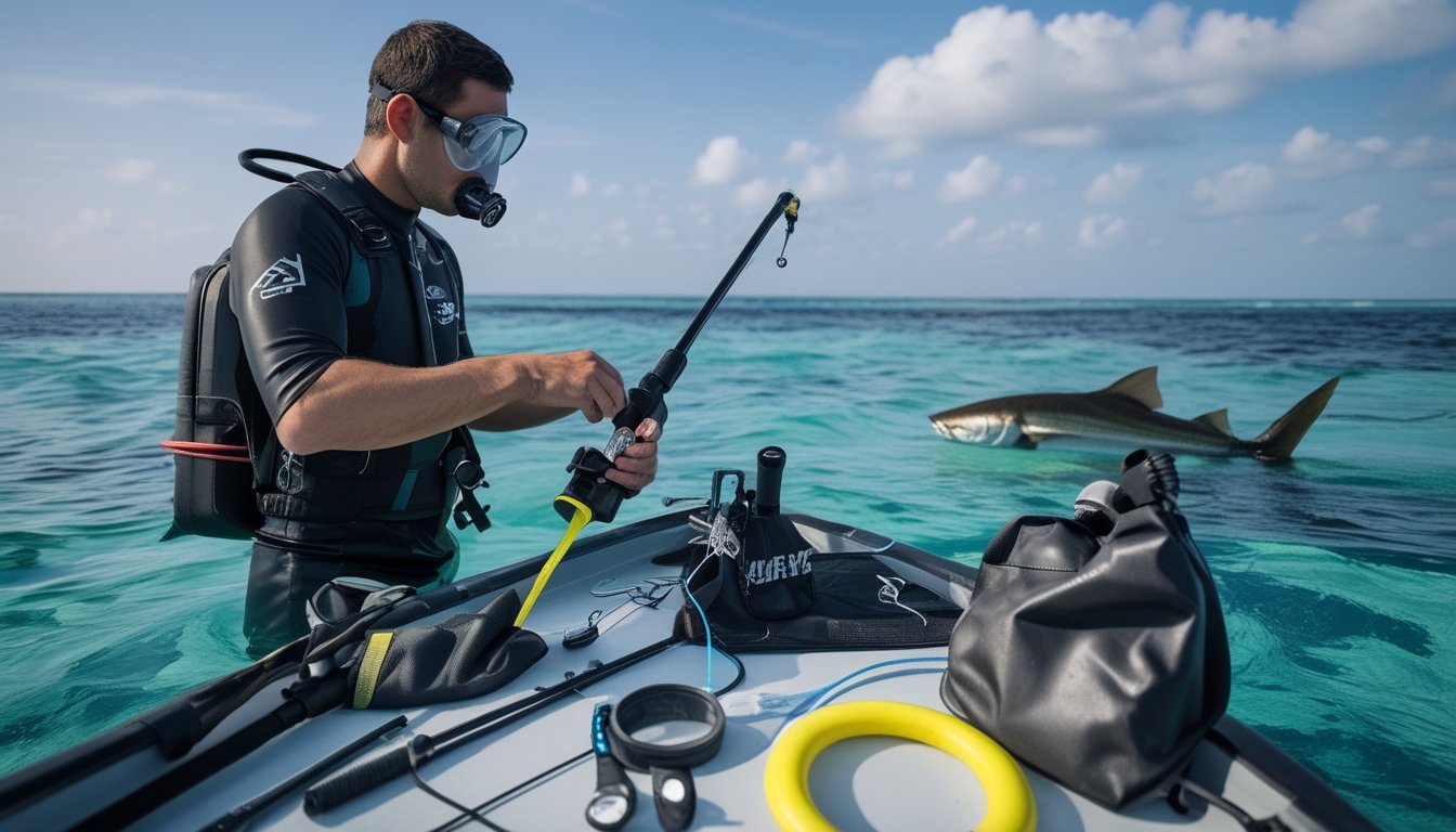 Penyelam membandingkan peralatan spearfishing di atas perahu dengan ikan besar terlihat di dekat terumbu karang.
