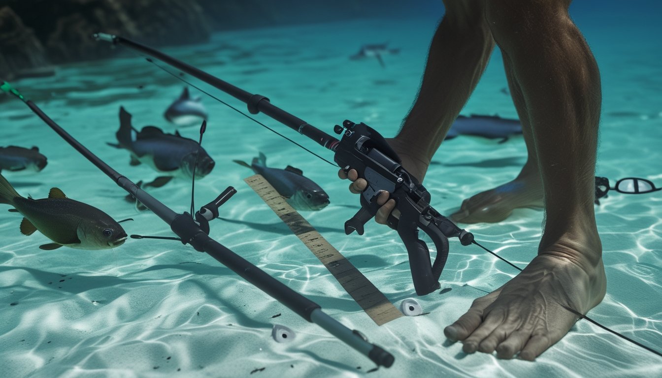 Seorang pemancing memeriksa mekanisme senapan ikan di tepi laut dengan perlengkapan selam dan ikan terlihat di air dangkal.