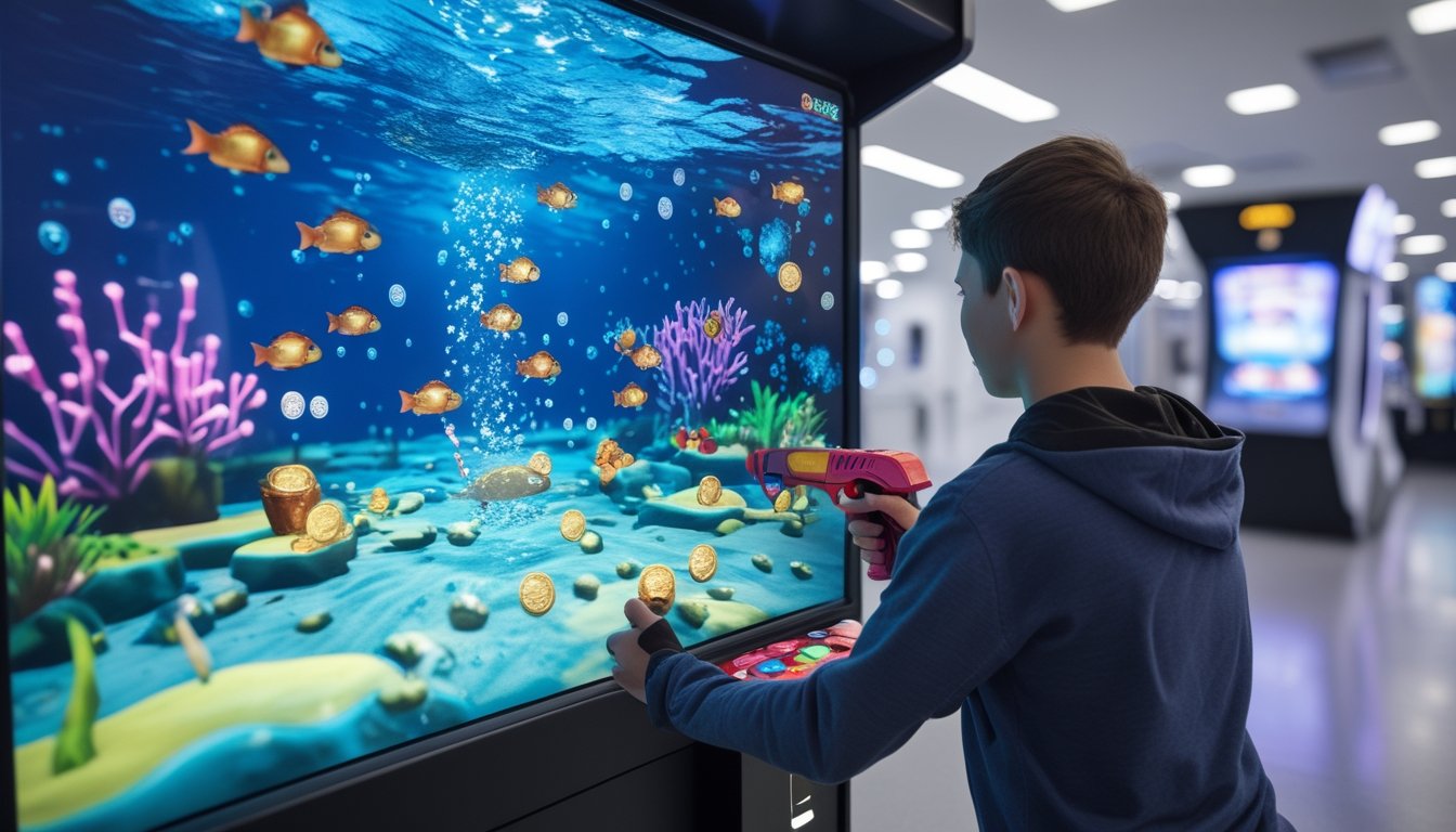 Seorang pemula memainkan permainan arcade menembak ikan dengan latar bawah laut berwarna-warni dan hadiah koin.