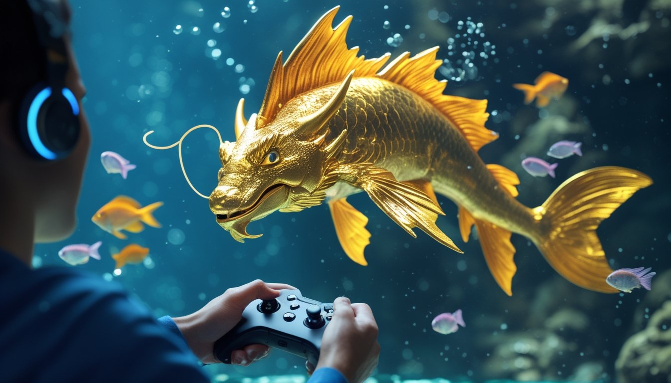 Pemain mengendalikan permainan arcade bawah air sambil menghadapi ikan naga emas yang bercahaya.