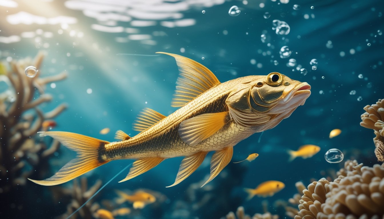 Seekor ikan naga emas berenang di antara terumbu karang dan ikan-ikan kecil.