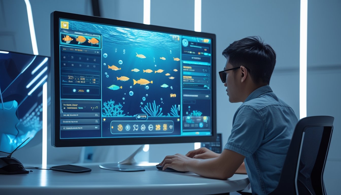 Orang dewasa memainkan permainan ikan digital di ruang hiburan modern dengan layar bercahaya biru.