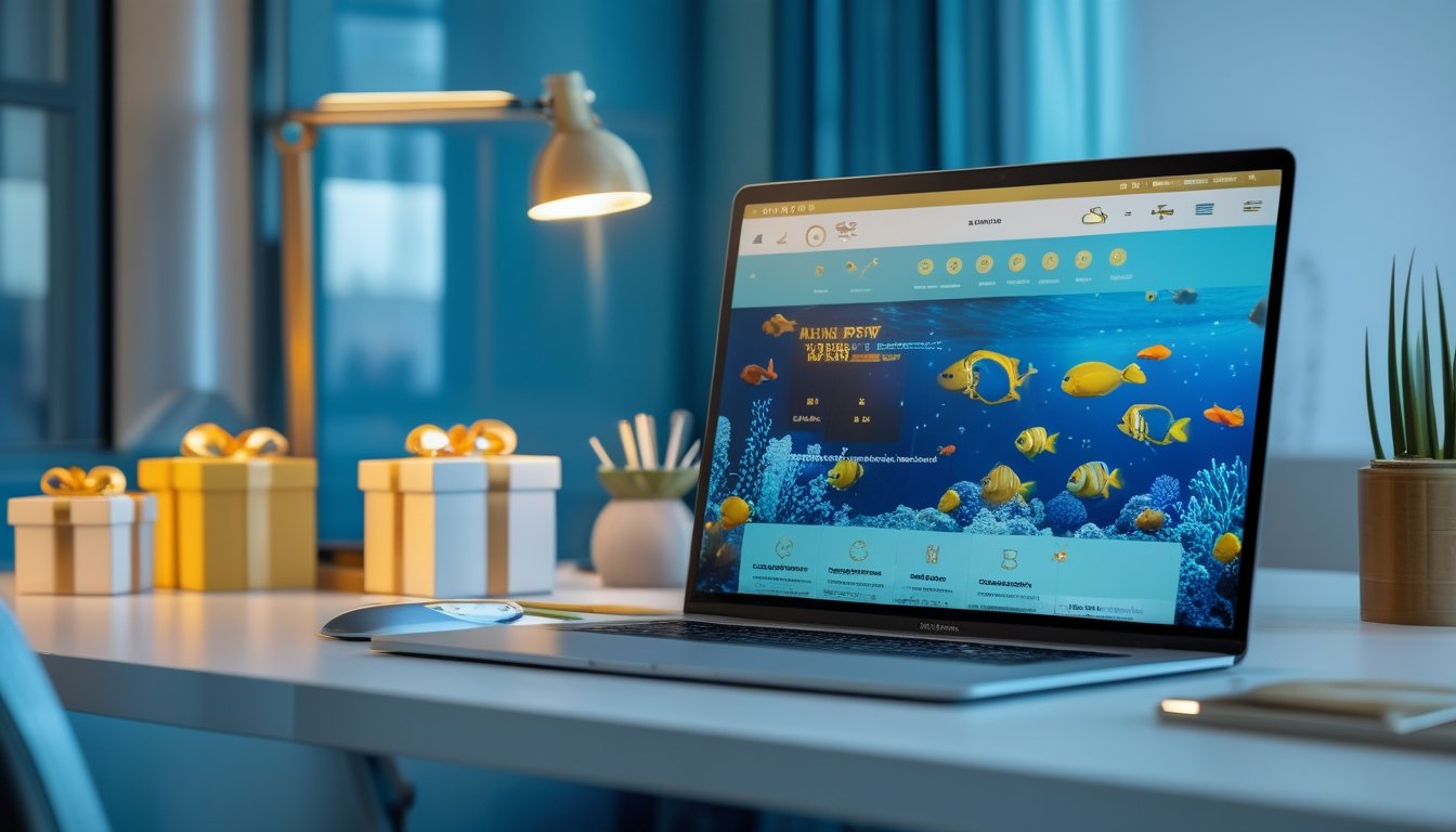 Laptop dan ponsel menampilkan pemandangan ikan tropis dengan hiasan hadiah di atas meja modern.