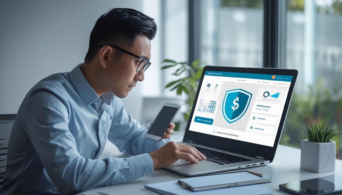 Seorang profesional memeriksa keamanan dan kredibilitas platform digital melalui laptop di meja kerja.