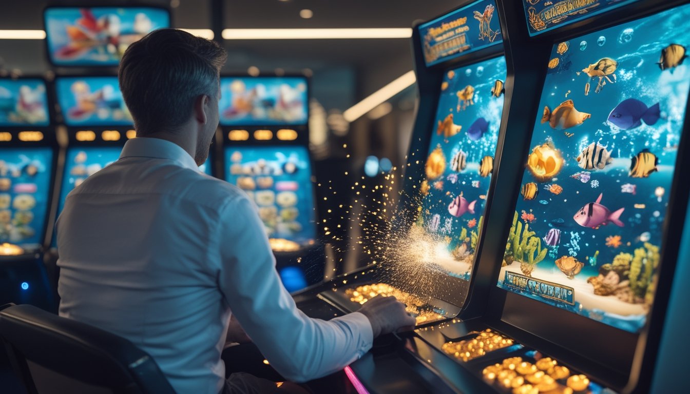 Seorang pemain memainkan permainan arcade bertema bawah laut dengan ikan warna-warni dan efek kemenangan berupa koin emas.