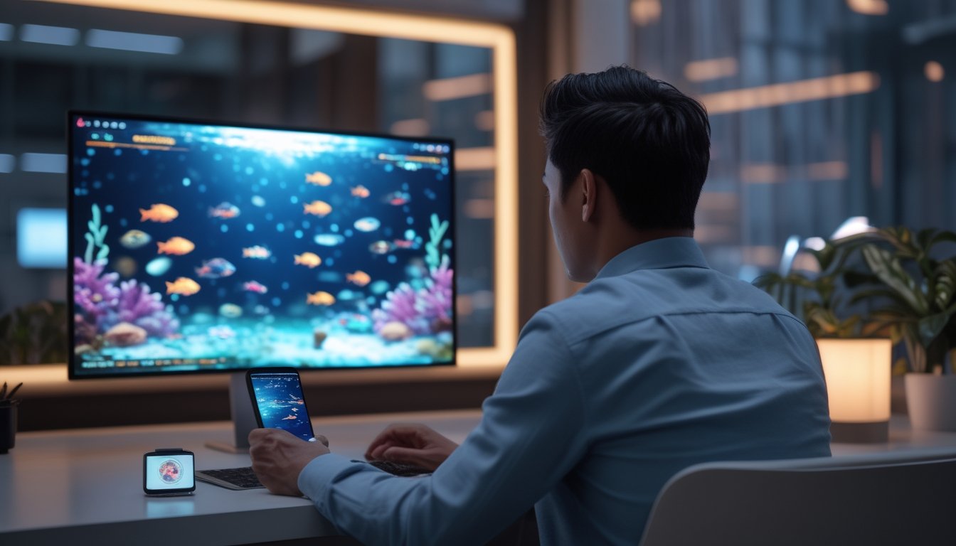 Seseorang memainkan permainan arcade bertema ikan di ruang kerja modern dengan layar berwarna-warni.