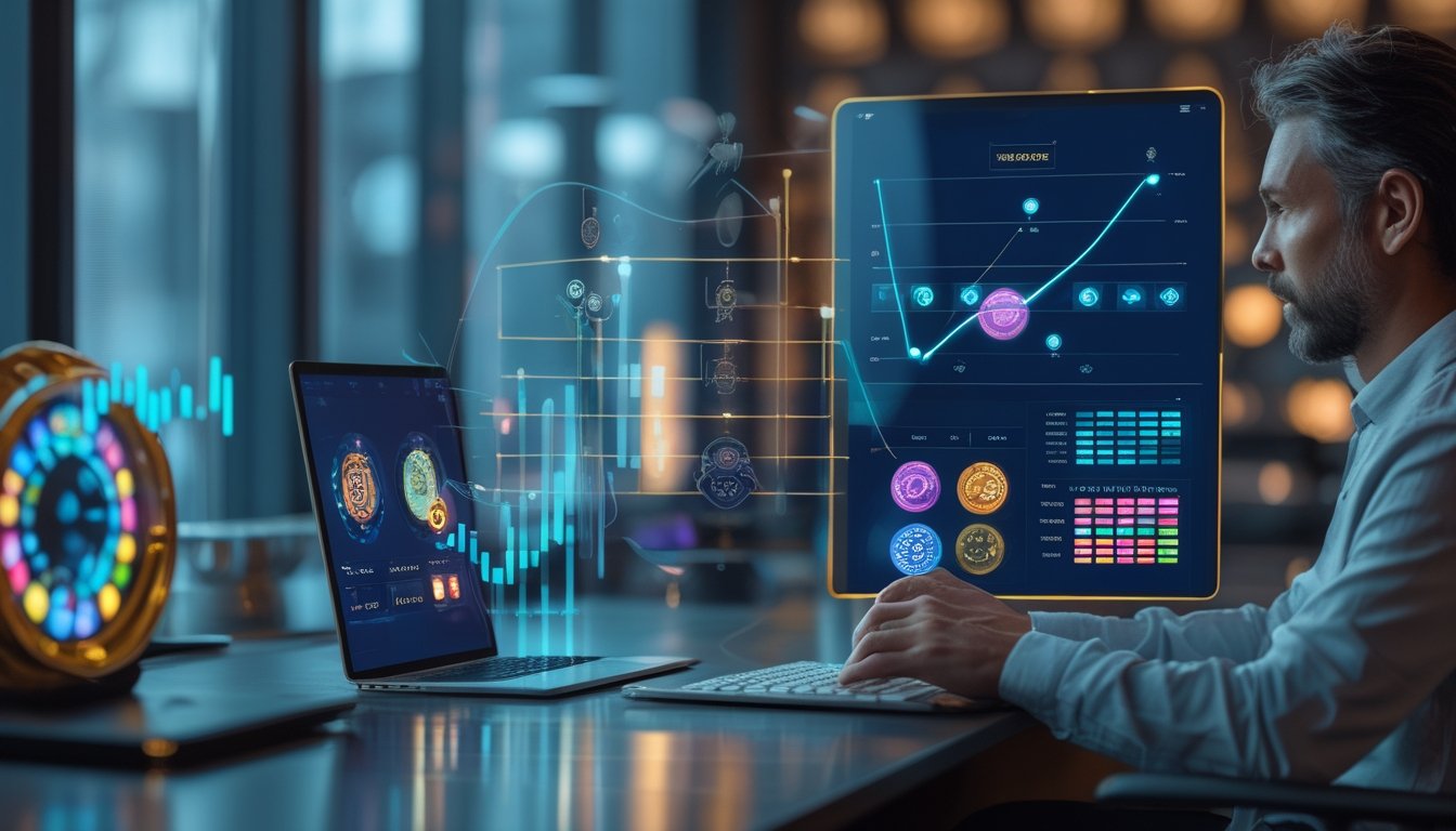 Orang dewasa menganalisis grafik peluang permainan digital pada laptop dan tablet di meja kerja modern.