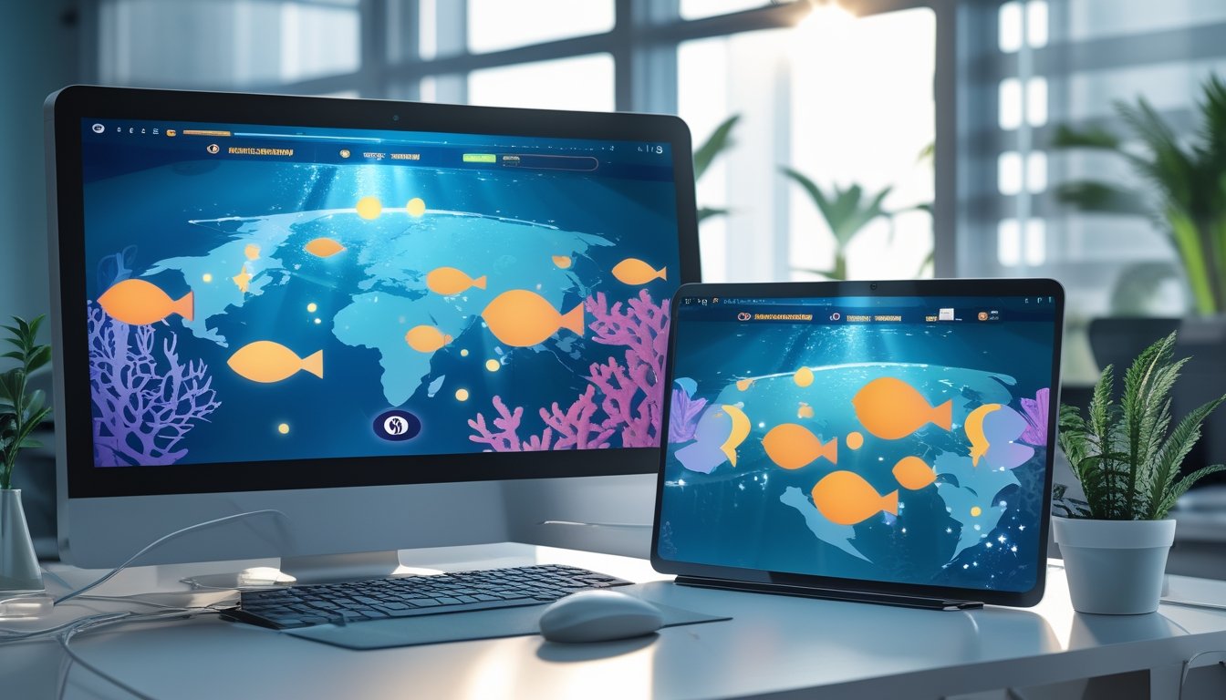 Perangkat digital menampilkan suasana permainan bertema laut dengan ikan berwarna-warni dan terumbu karang.