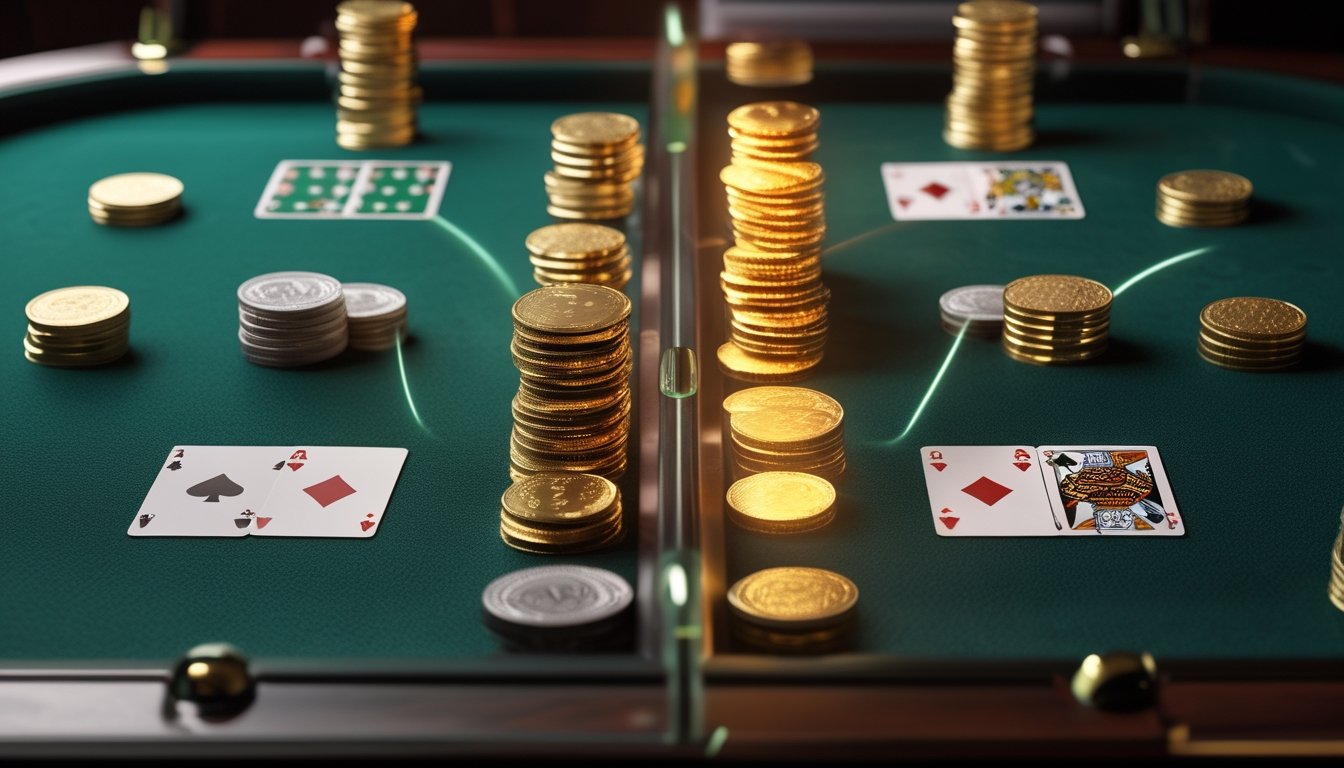 Meja permainan ceme dengan kartu dan keping domino, menampilkan tumpukan koin jackpot kecil dan jackpot progresif yang lebih besar.