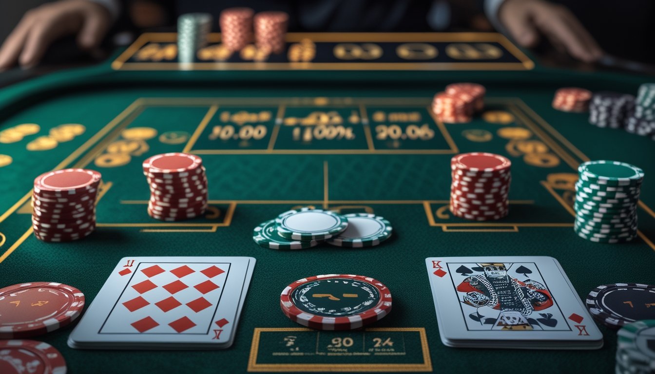Meja permainan kartu dengan kartu, keping kasino, dan dua susunan hadiah yang menunjukkan jackpot biasa serta jackpot progresif.