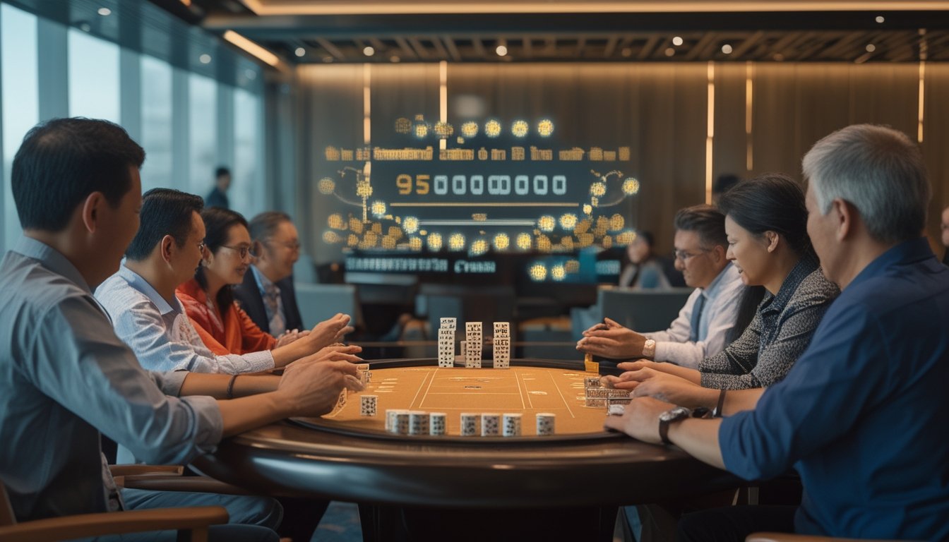 Sekelompok pemain dewasa mempelajari permainan ceme di sekitar meja dengan kartu domino dan keping permainan.