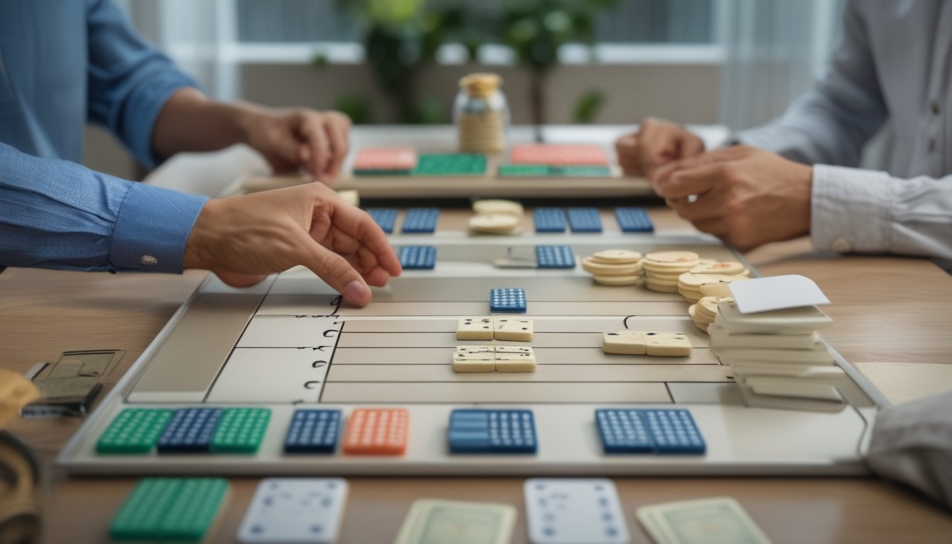 Dua pasang pemain mempelajari susunan kartu domino di atas meja dengan beberapa keping dan tumpukan koin.