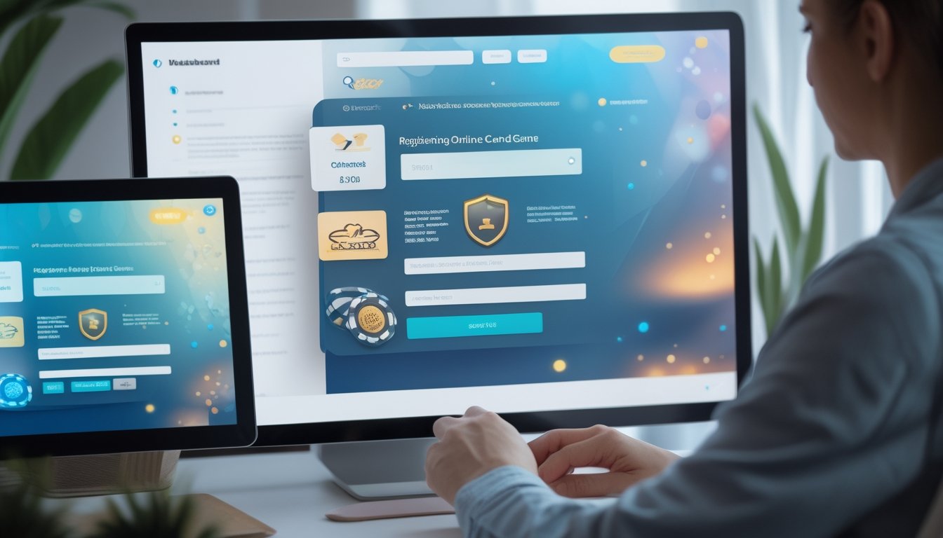 Orang dewasa menggunakan laptop untuk mendaftarkan akun permainan kartu online di ruang kerja modern.
