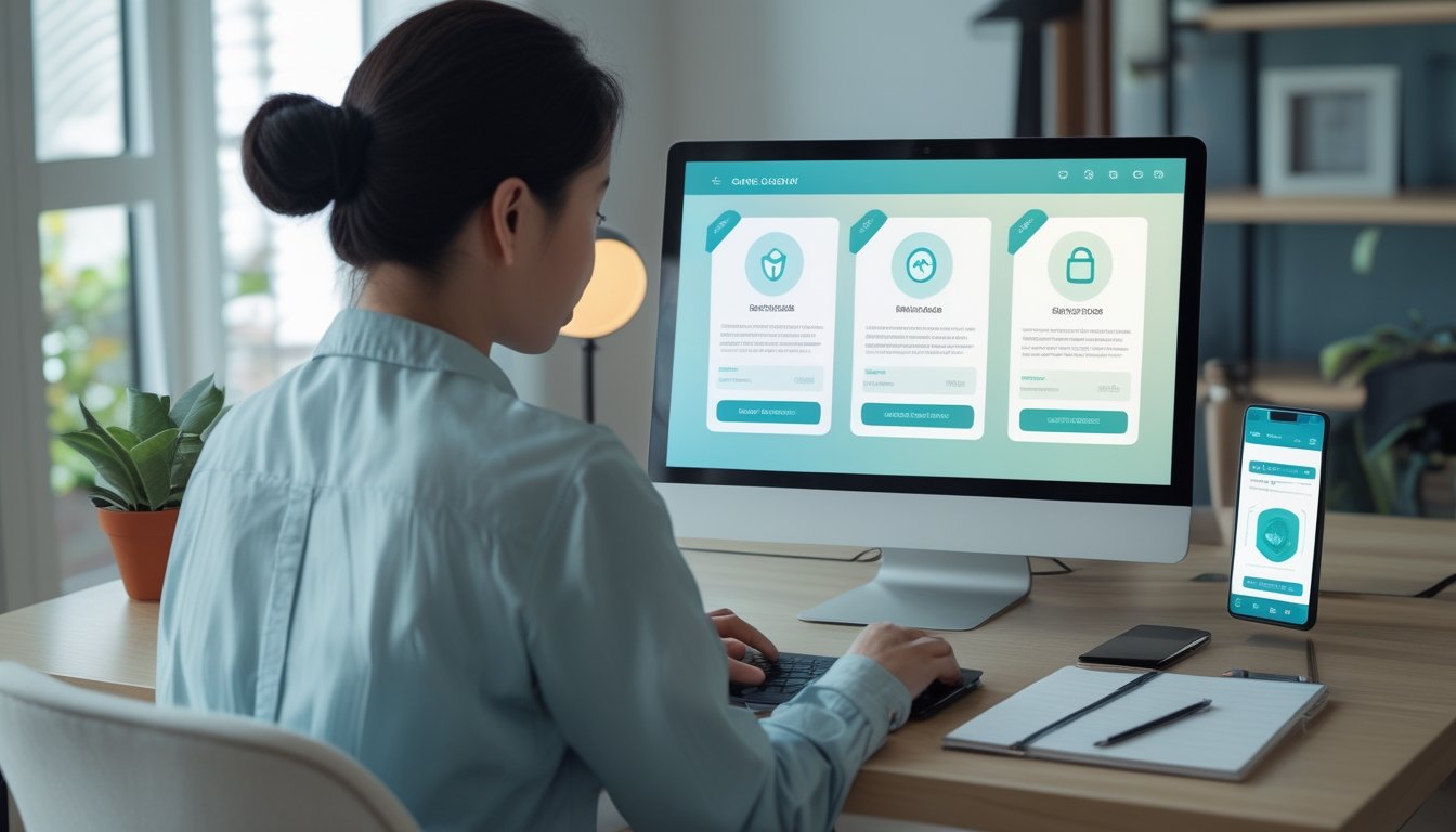 Seseorang memeriksa platform daring yang aman di laptop pada meja kerja modern.