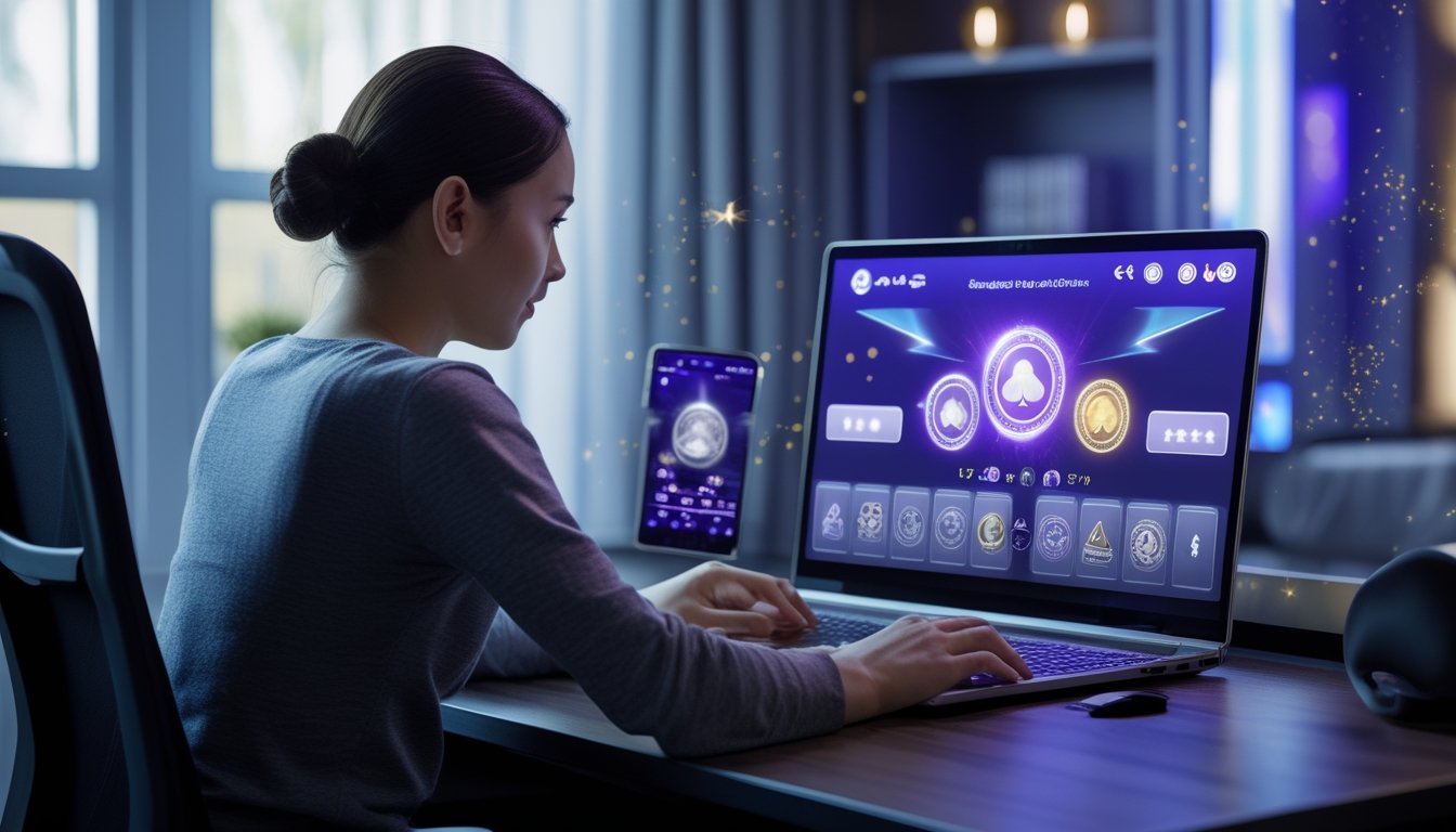 Seorang pemain dewasa menggunakan laptop dan ponsel untuk bermain permainan kartu digital dengan nuansa jackpot bercahaya.