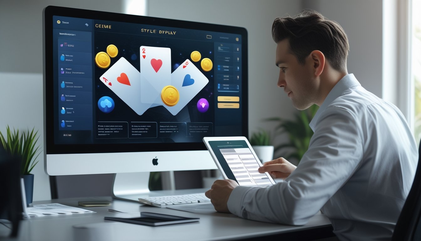 Seseorang meninjau permainan kartu online dan fitur jackpot di ruang kerja modern.