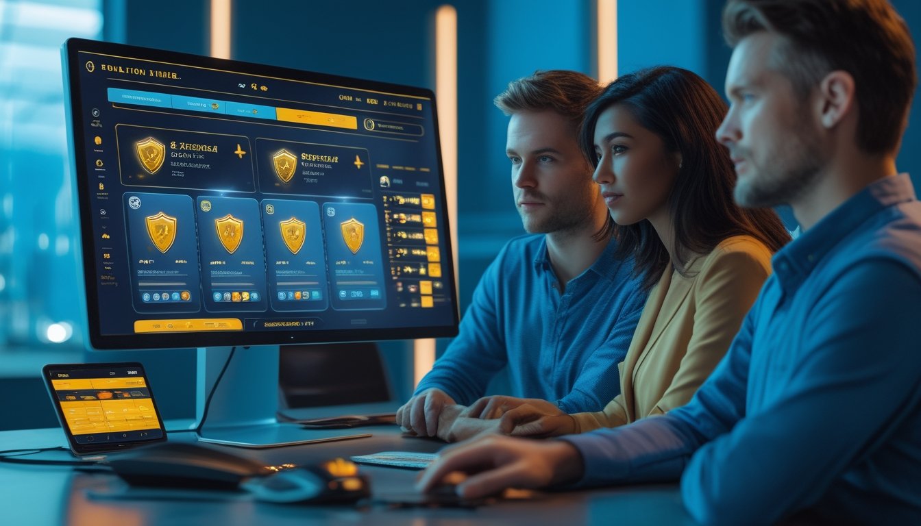 Dua orang dewasa meninjau platform permainan online pada komputer dan ponsel di ruang kerja modern.