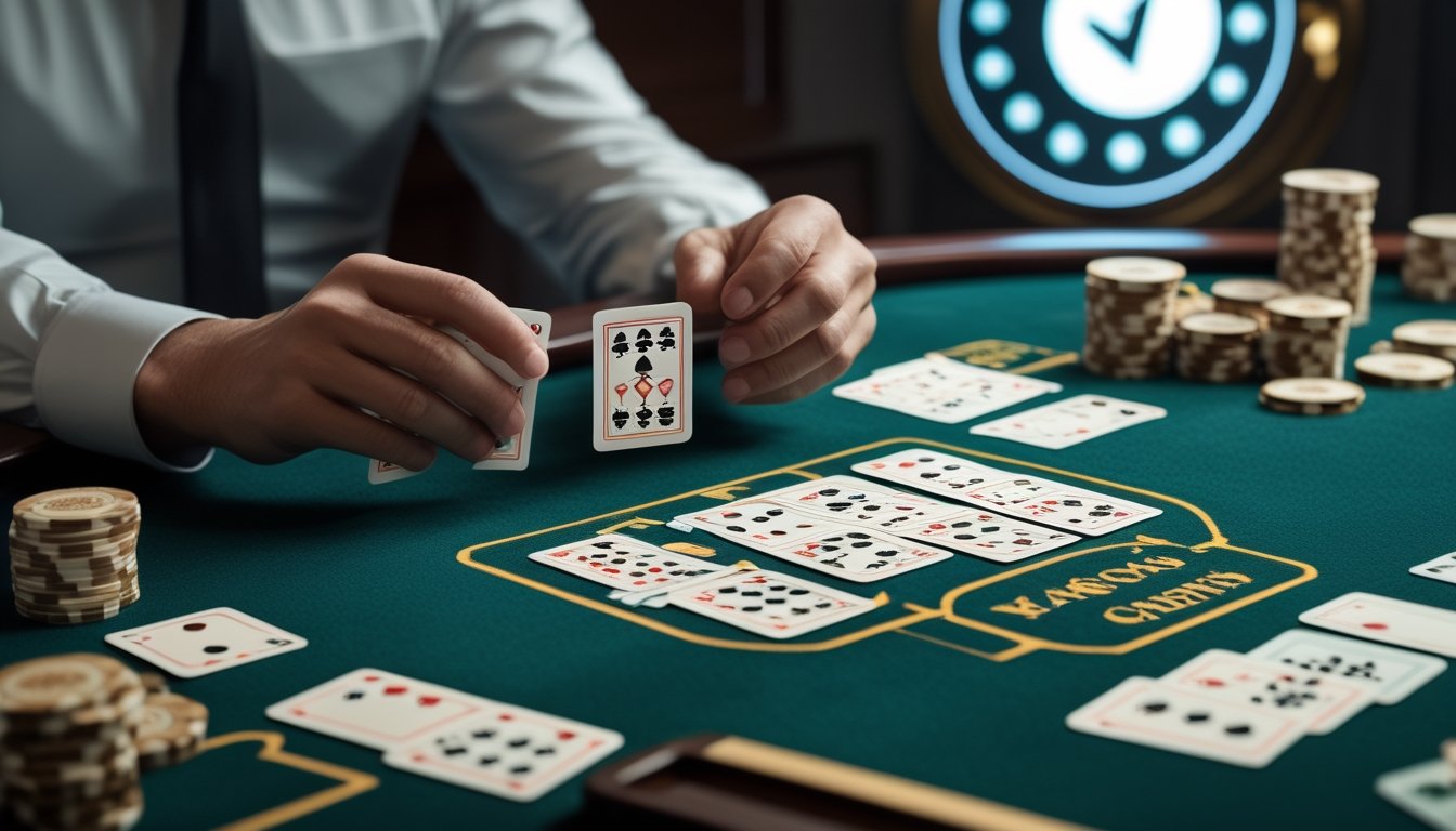 Tangan pemain sedang menganalisis kartu dan keping domino di atas meja permainan kasino dengan tumpukan chip.
