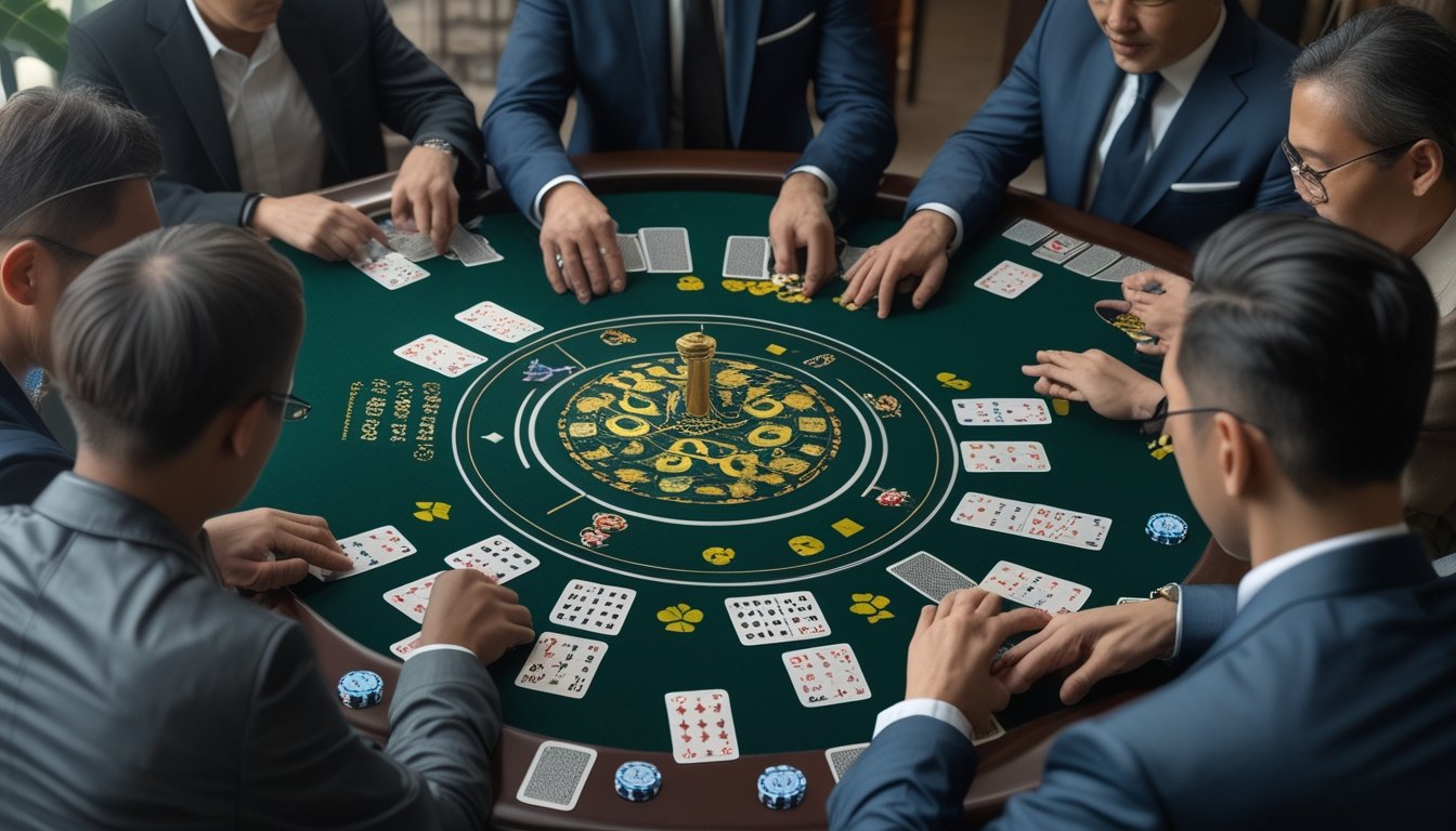 Pemain dewasa menganalisis kartu domino Ceme di meja permainan dengan suasana jackpot progresif.