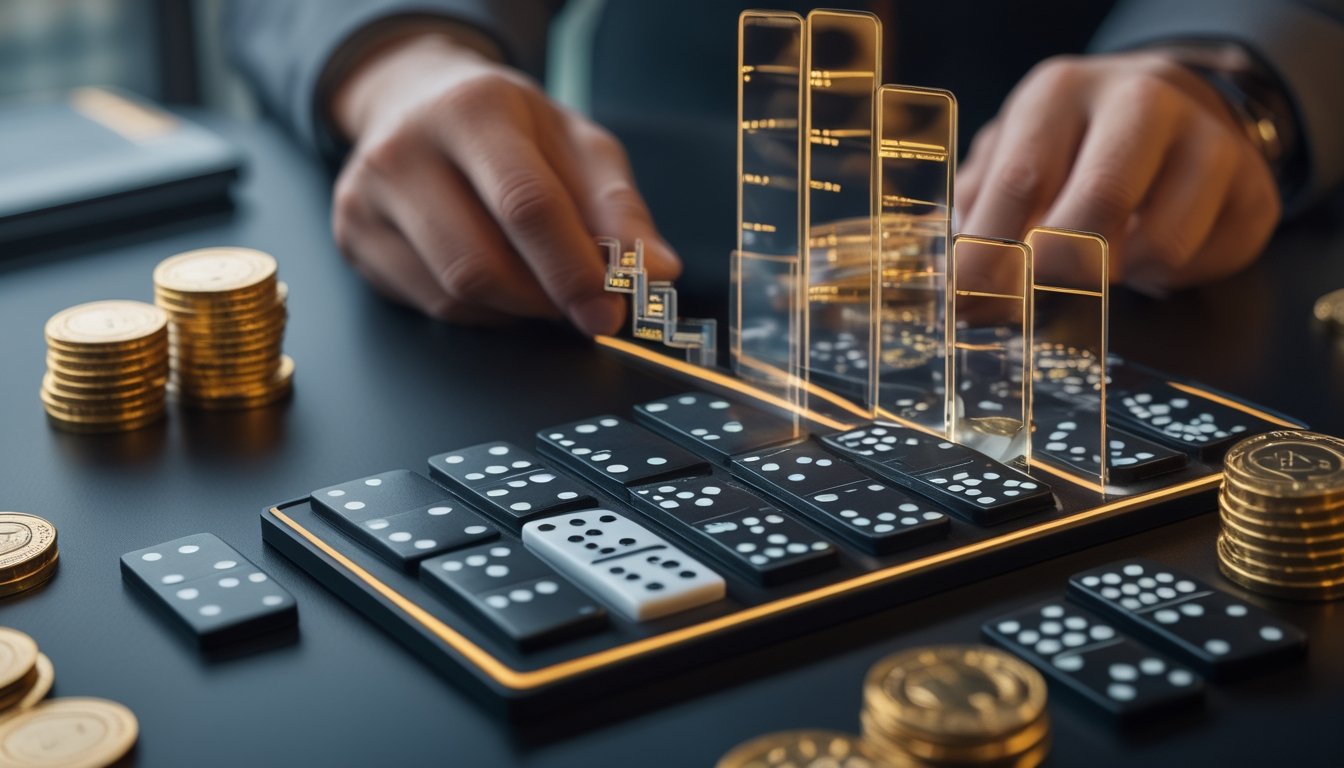Meja permainan dengan susunan kartu domino, keping chip, dan tampilan hadiah progresif bercahaya.