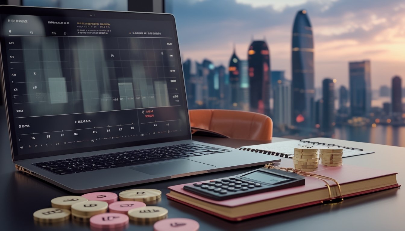 Meja kerja modern dengan laptop berisi grafik buram, kalkulator, token warna netral, dan pemandangan kota Macau dari jendela.