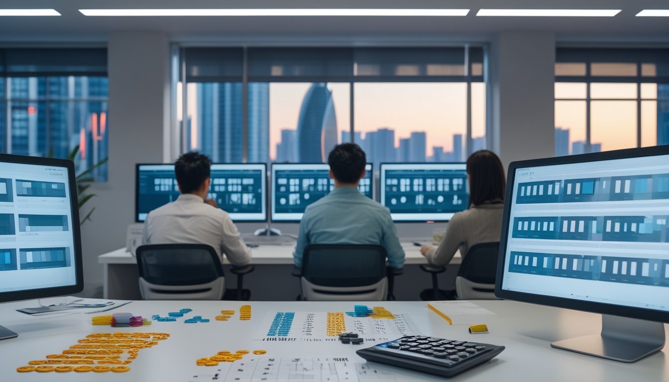 Analis dewasa memeriksa data angka abstrak di kantor modern dengan latar langit kota Makau.