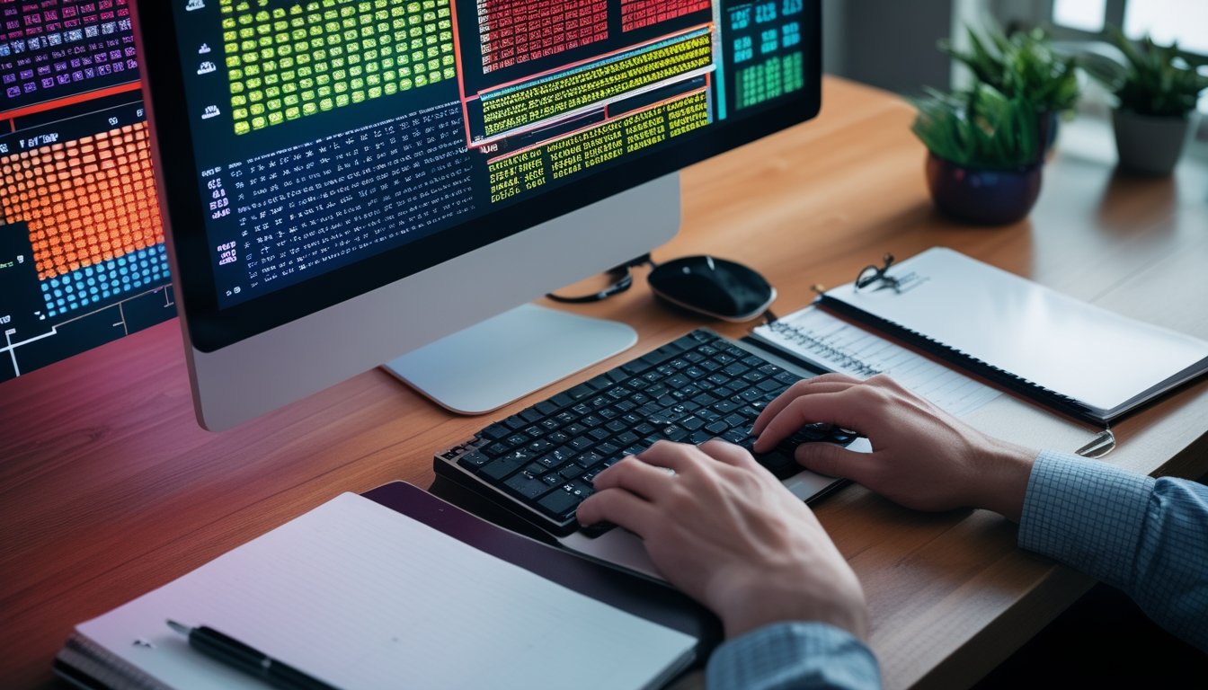 Meja kerja dengan monitor yang menampilkan pola data berwarna dan tangan seorang analis menggunakan komputer.