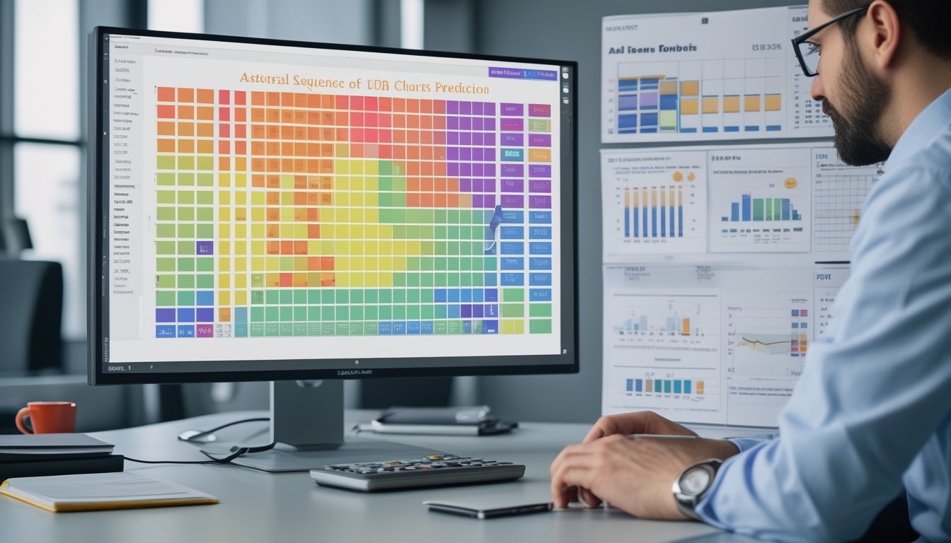 Tangan analis memeriksa grafik warna dan pola angka abstrak di meja kerja.