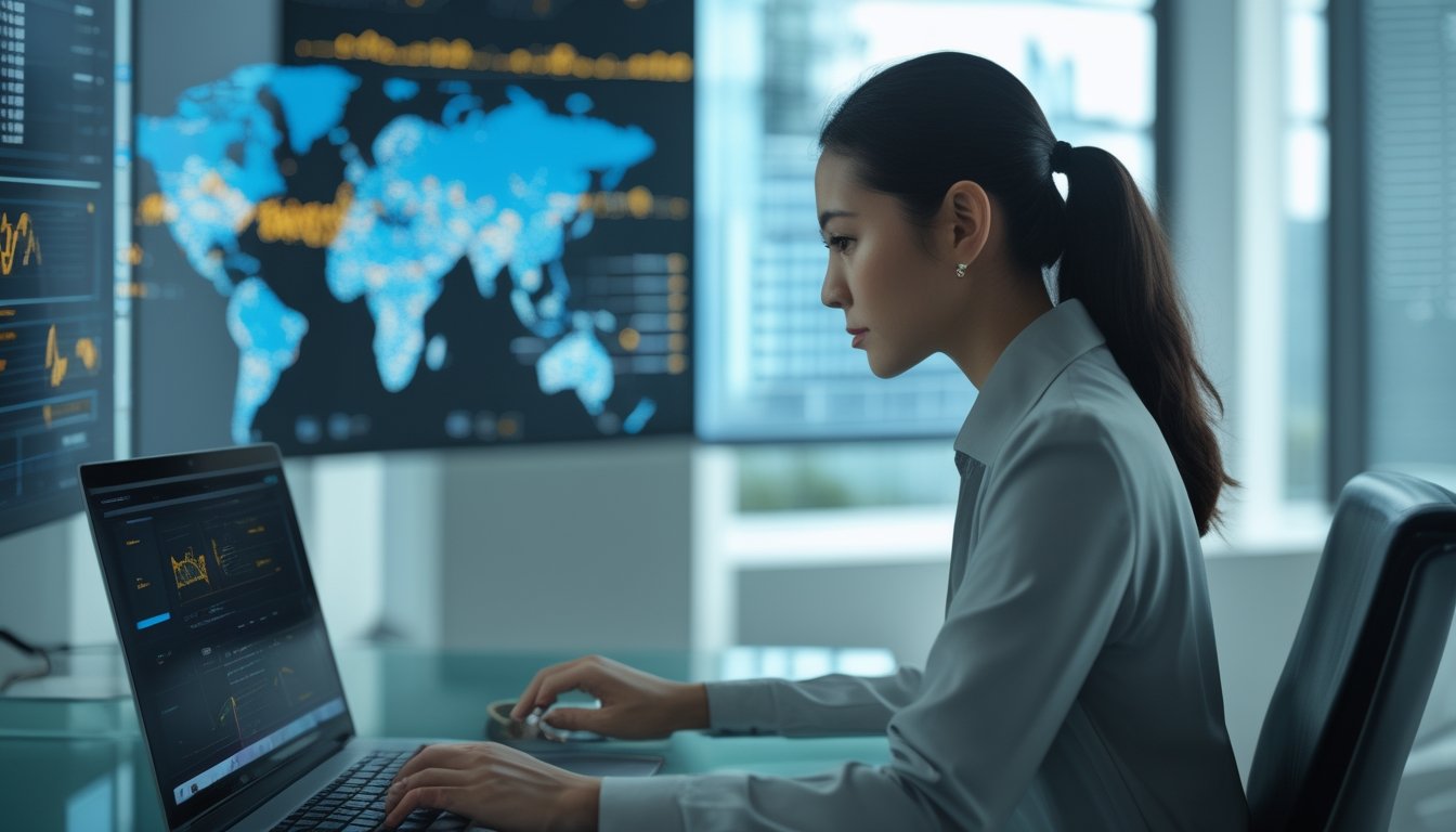 Seorang analis bekerja di depan laptop dengan tampilan grafik data abstrak di kantor modern.