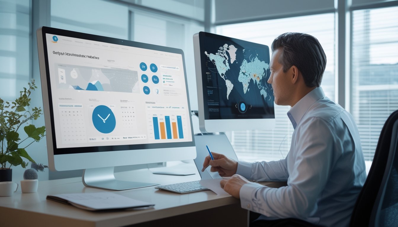 Analis meninjau dasbor data abstrak dan jadwal pembaruan di ruang kerja modern.