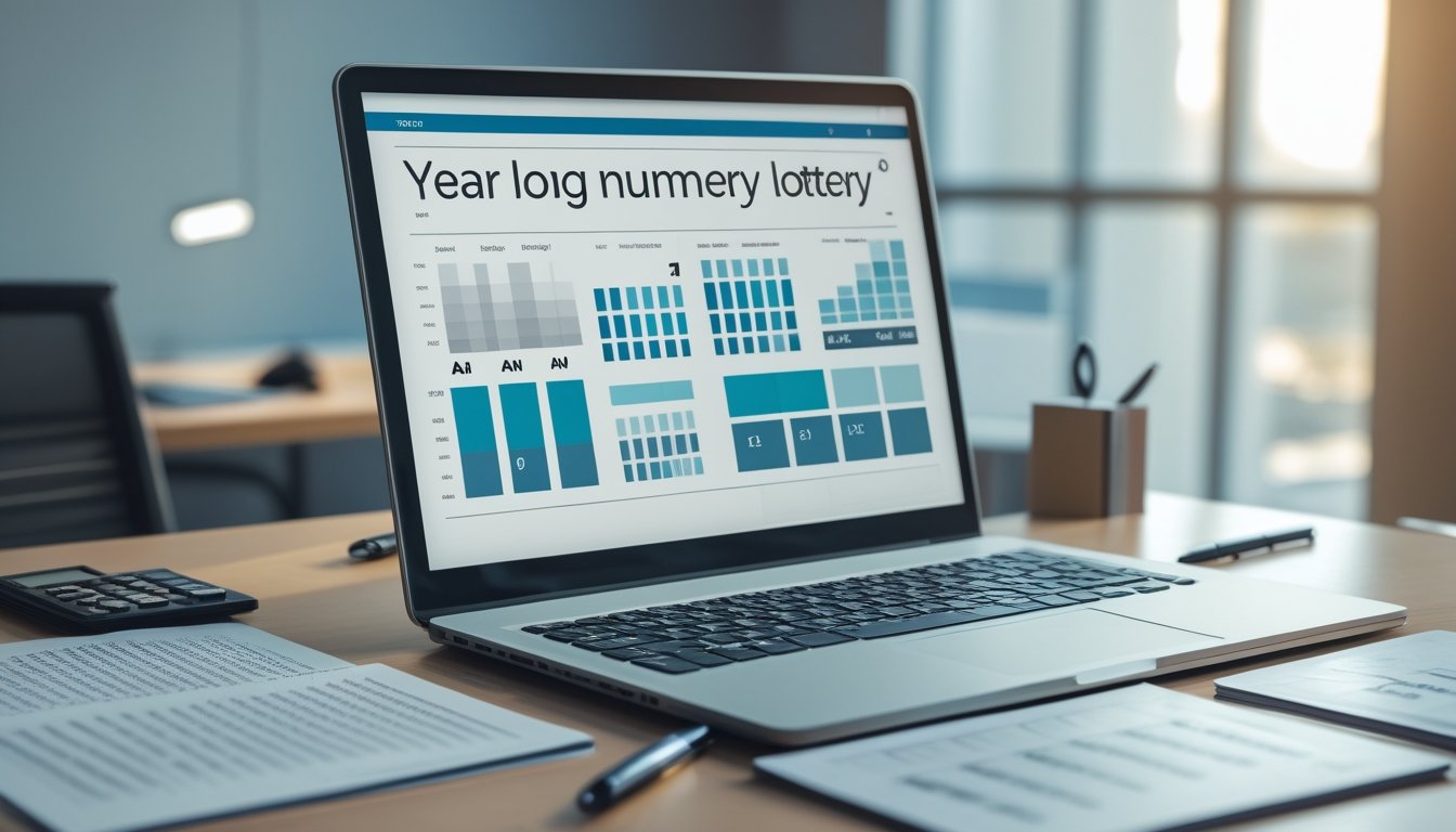 Meja kantor dengan laptop yang menampilkan grafik data abstrak, dokumen kosong, kalkulator, dan penanda dua belas bulan.