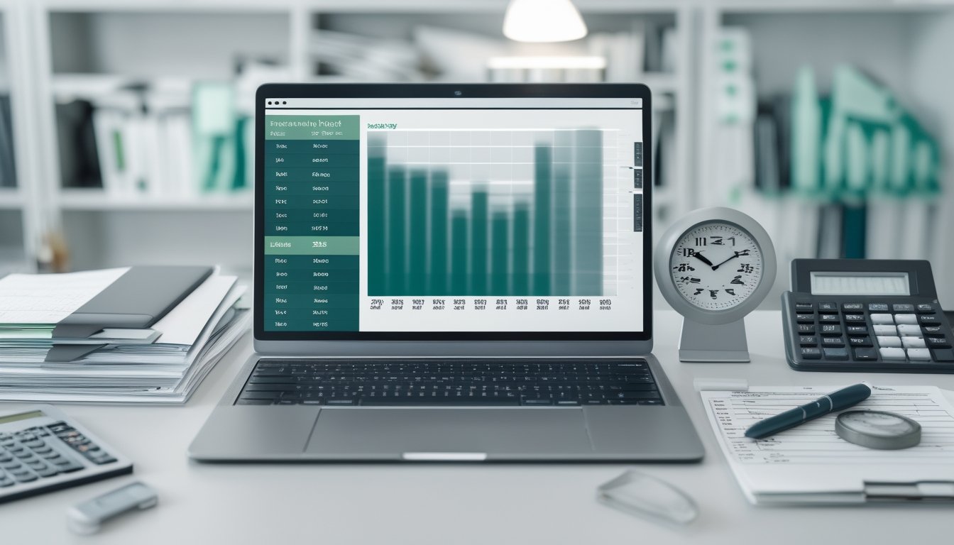 Meja kerja modern dengan kalender tahunan, laptop berisi grafik data, spreadsheet, kalkulator, dan dokumen yang tersusun rapi.