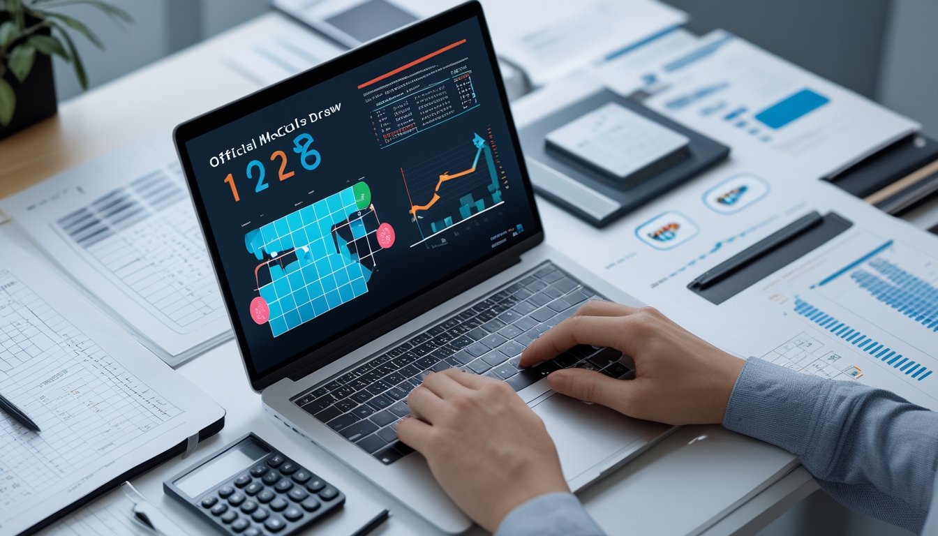 Meja kerja modern dengan laptop, grafik statistik, tabel data, kalkulator, dan catatan analisis.
