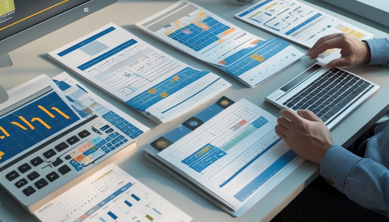 Analis meninjau tabel data, grafik, dan kalender periode di meja kerja dengan laptop.
