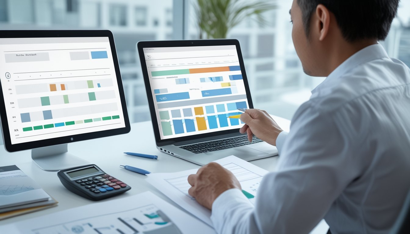 Seorang analis memeriksa tabel dan grafik data abstrak di meja kerja modern.