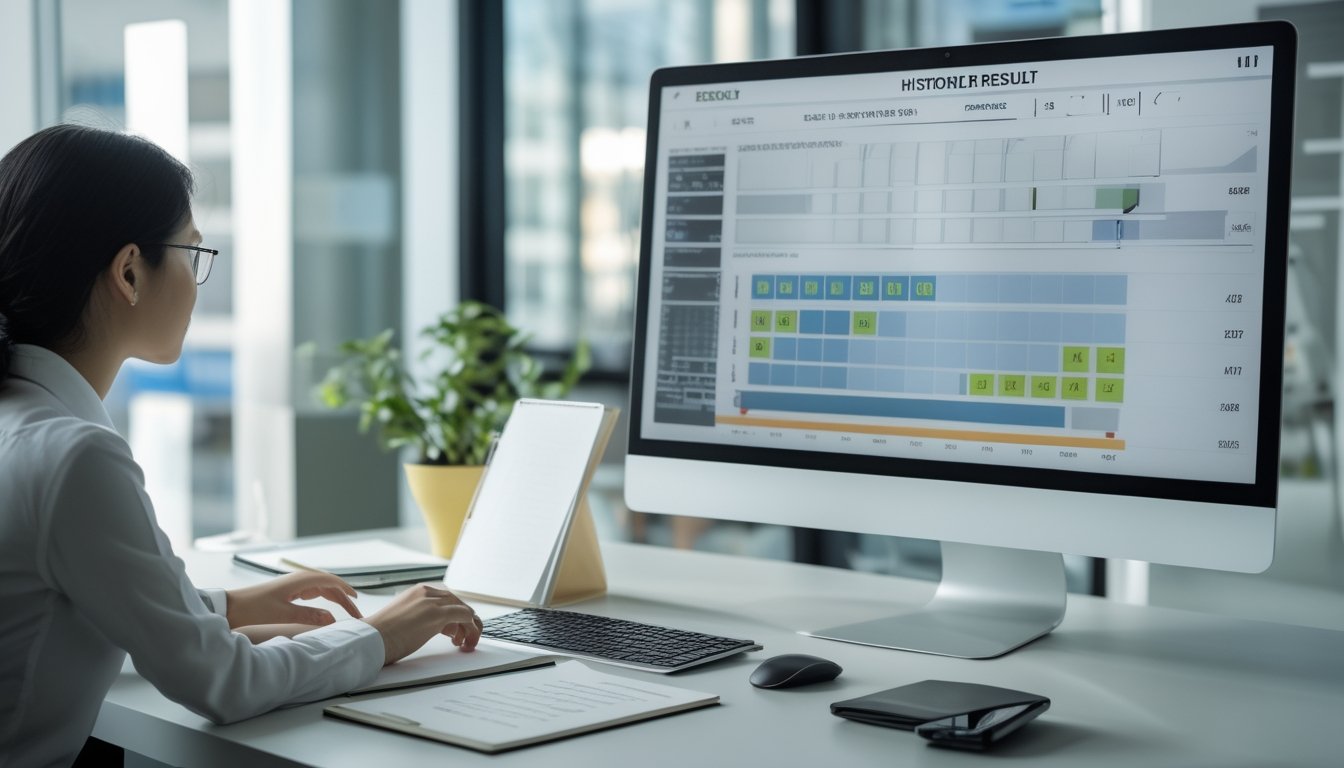 Seorang analis memeriksa data historis abstrak di monitor dalam ruang kerja modern.