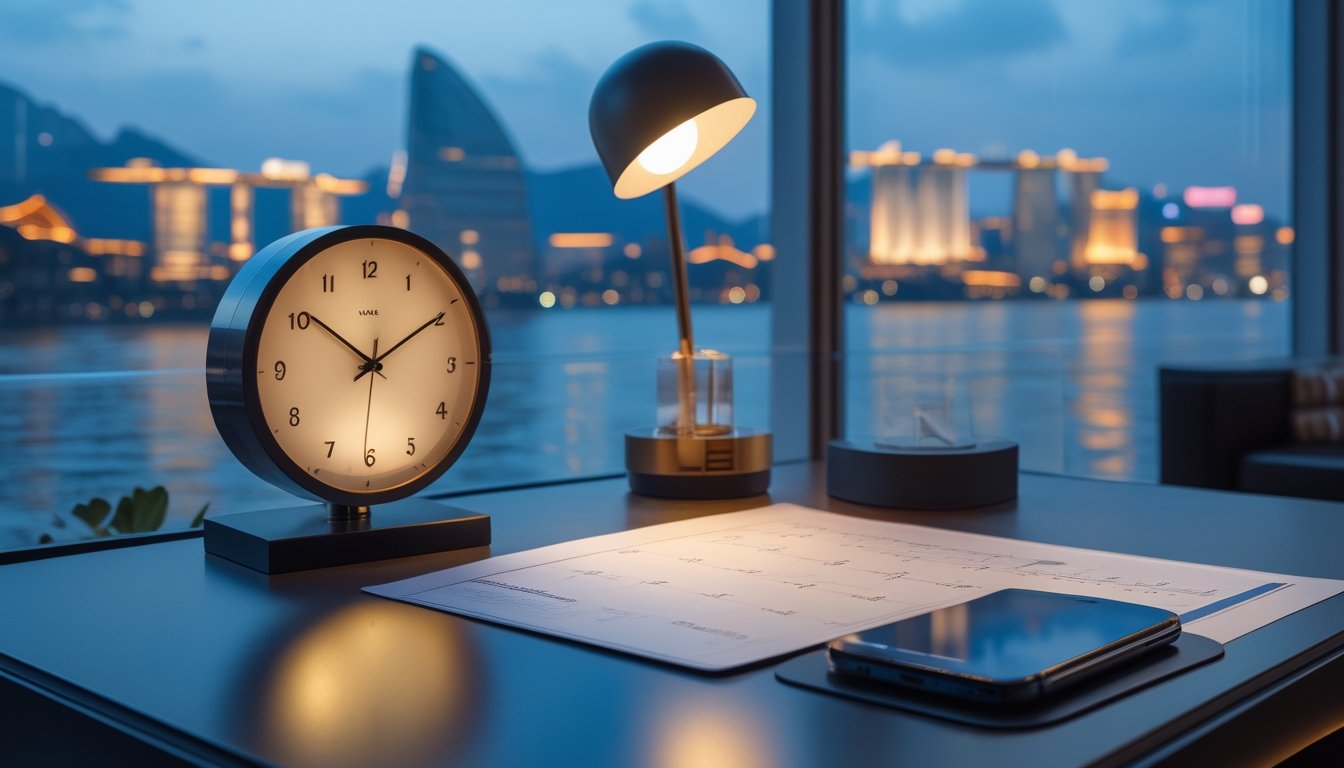 Meja modern dengan jam dunia, kalender tanpa tulisan, dan pemandangan kota Macau saat senja.