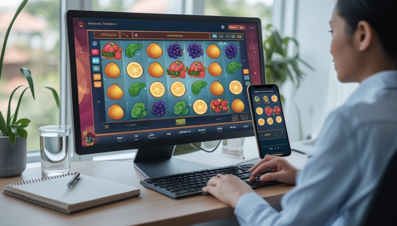 Pemula mempelajari permainan slot bertema buah di komputer dengan catatan dan ponsel di meja.